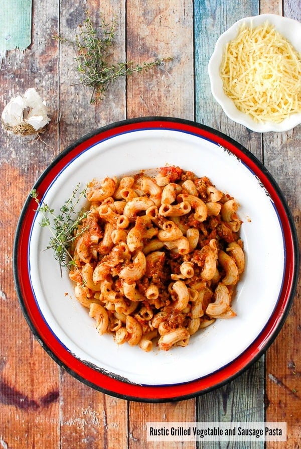 Grilled Vegetable and Sausage Pasta on a white plate