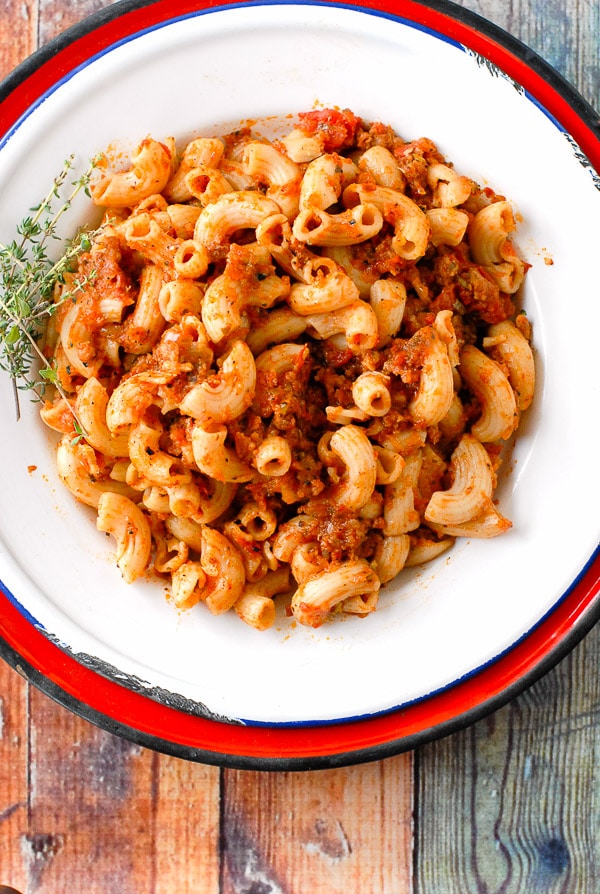 close up of Grilled Vegetable and Sausage Pasta with thyme