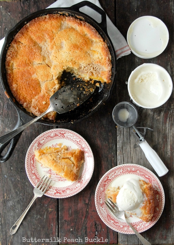 Buttermilk Peach Buckle in skillet and on plates