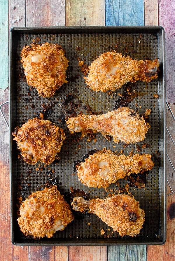 Cornflake-Coconut Crusted Baked Chicken on baking sheet from above