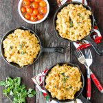 Creamy Roasted Green Chile Chicken Mac and Cheese in mini skillets