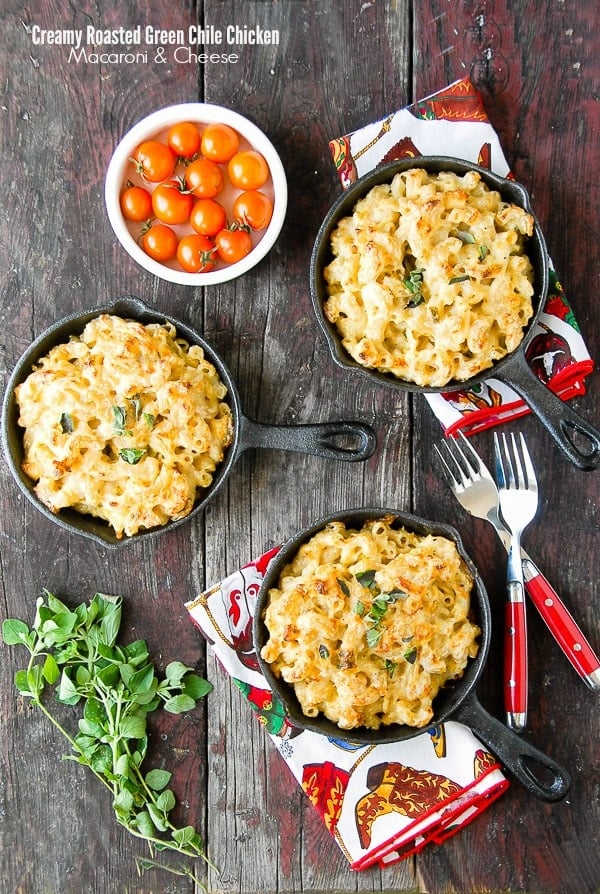 Creamy Roasted Green Chile Chicken Mac and Cheese in mini skillets