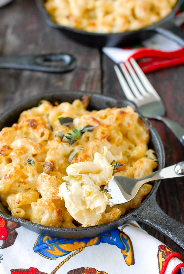 forkful of Creamy Roasted Green Chile Chicken Mac and Cheese