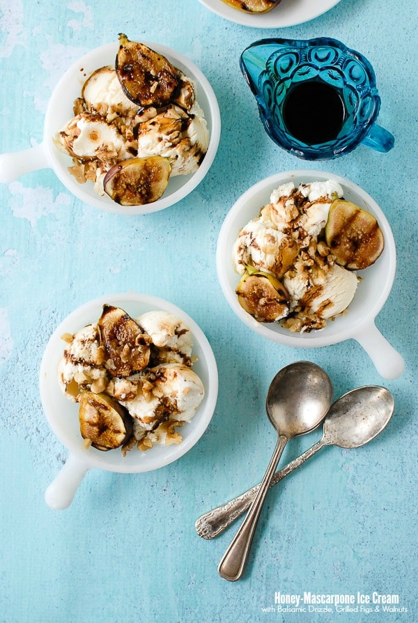 Honey-Mascarpone Ice Cream with Balsamic Ripple, Grilled Figs and Walnuts