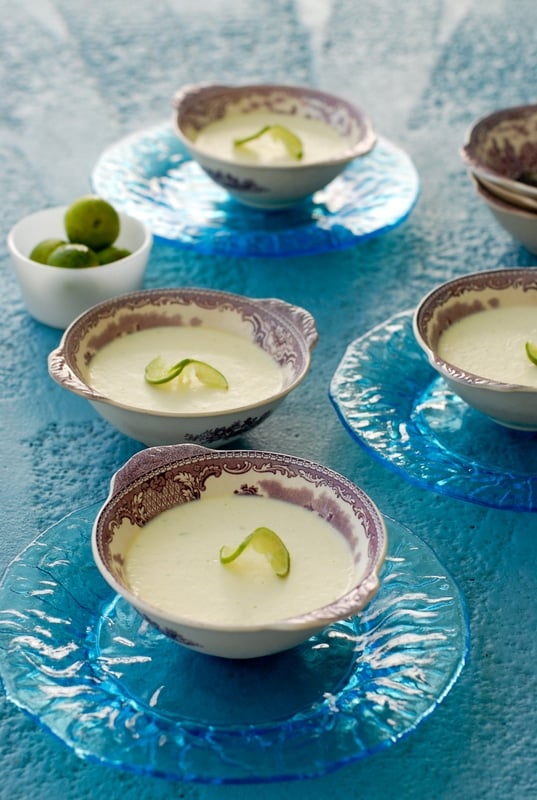 Key Lime Panna Cotta in purple transferware bowls