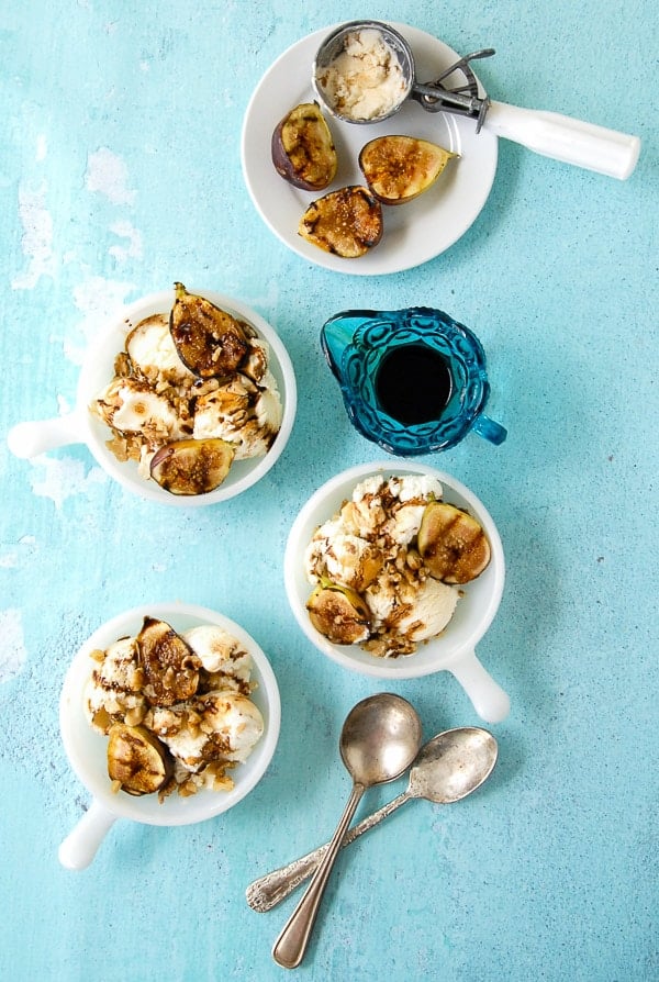 overhead view of Honey-Mascarpone Ice Cream with Balsamic Ripple, Grilled Figs and Walnuts