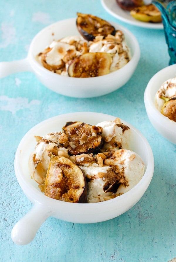 bowl of Honey-Mascarpone Ice Cream with Balsamic Ripple, Grilled Figs and Walnuts