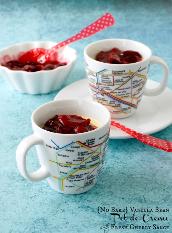 No Bake Vanilla Bean Pots de Creme with fresh Cherry Sauce in French Metro cups