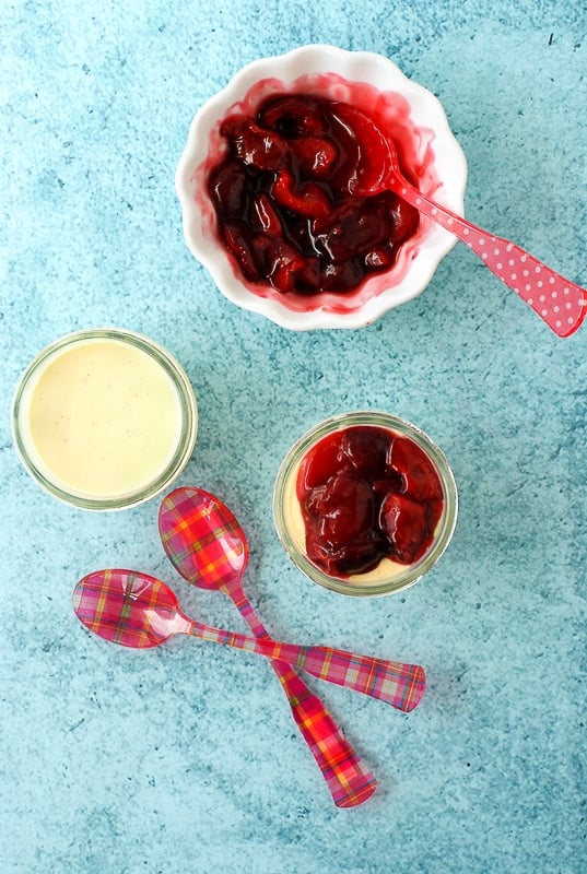 No Bake Vanilla Pots de Creme with fresh Cherry Sauce