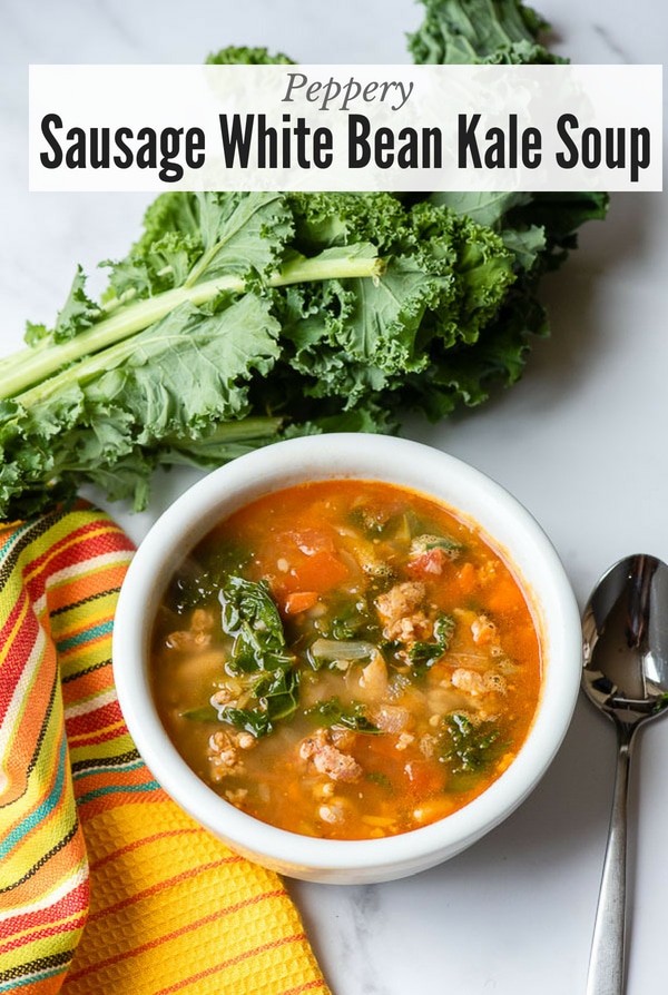 Bowl of Peppery Sausage White Bean Kale soup