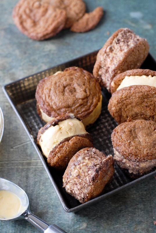 Chewy Ginger Snap Pumpkin-Salted Caramel Ice Cream Sandwiches with Heath Bar in metal pan