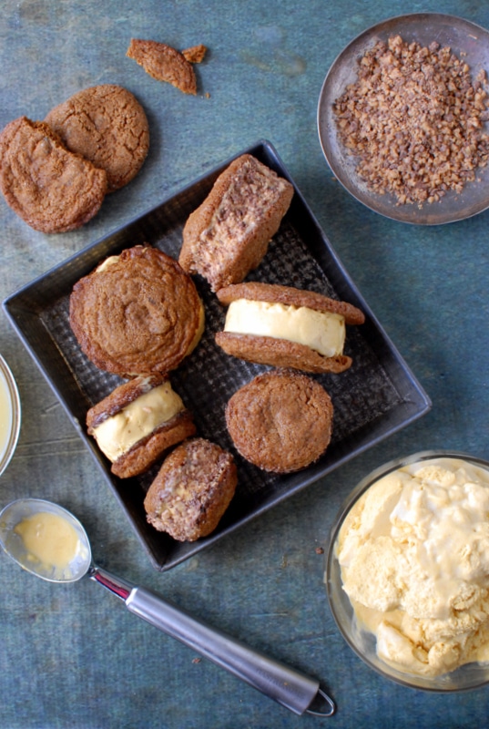 Chewy Ginger Snap Pumpkin-Salted Caramel Ice Cream Sandwiches with Heath Bar 