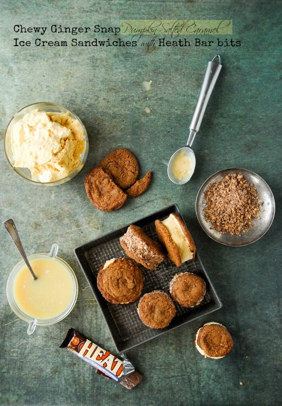 Chewy Ginger Snap Pumpkin-Salted Caramel Ice Cream Sandwiches with Heath Bar from above