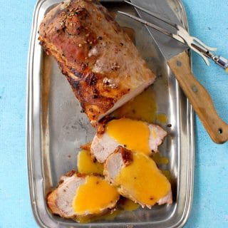 Lemon-Pepper Brined Boneless Pork Loin Roast with Fresh Peach-Moscato Sauce
