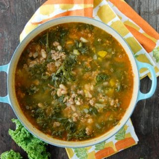 Peppery Sausage White Bean Kale Soup in stock pot