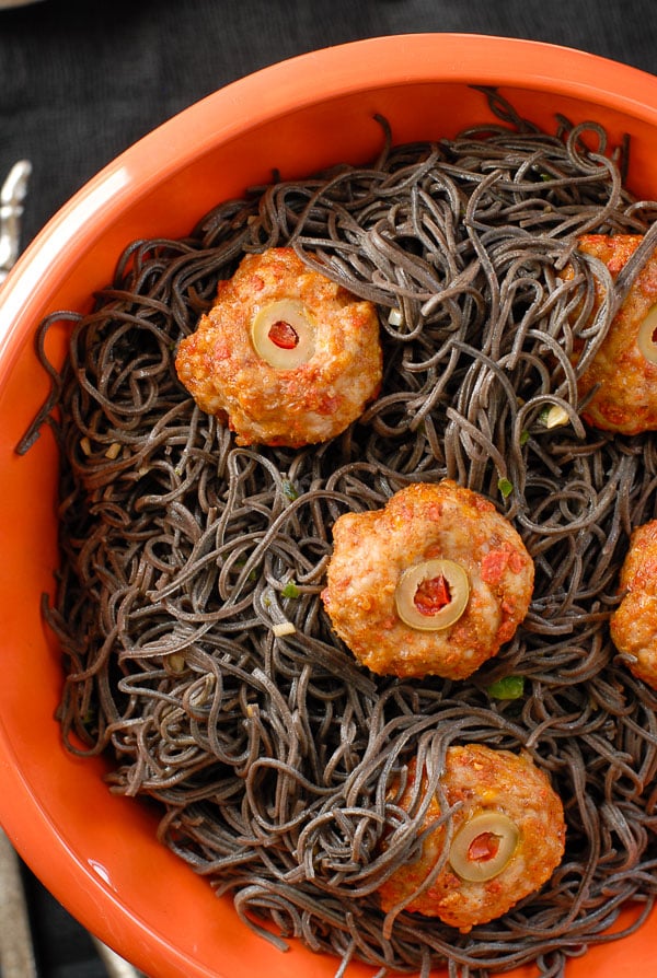 Black Bean Pasta Halloween Dinner idea close up 