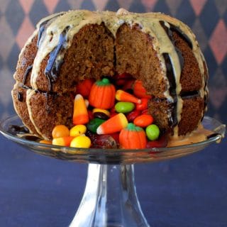Great Pumpkin Pinata Cake with candy spilling out