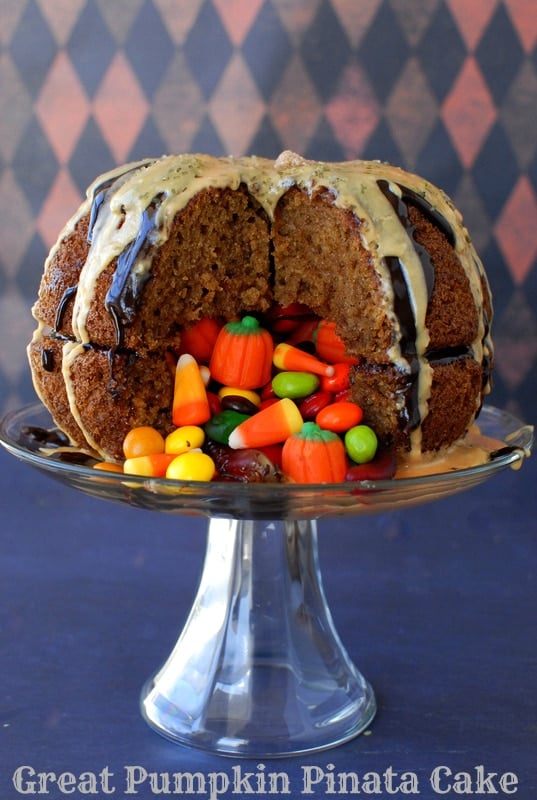 Great Pumpkin Pinata Cake with candy spilling out