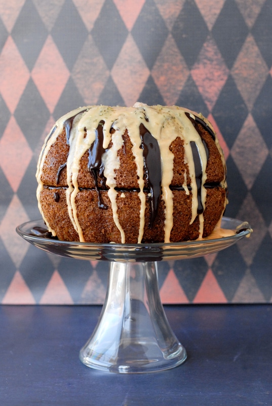 Great Pumpkin Pinata Cake glazed with two glazes