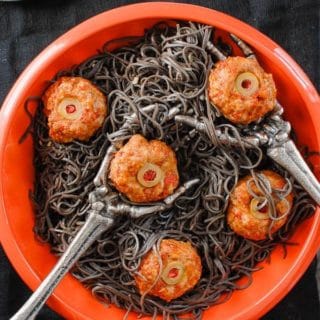 turkey meatball eyeballs black bean pasta title image