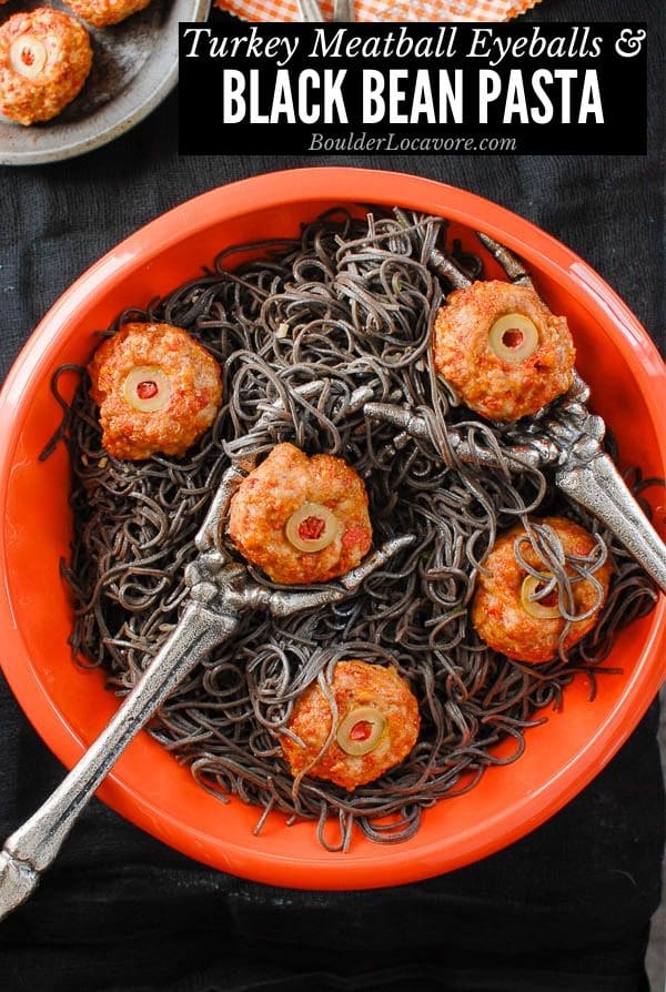 Turkey Meatballs 'Eyeballs' & Black Bean Pasta - A Halloween Dinner Idea!