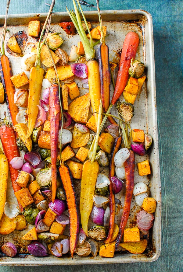 baking sheet pan of roasted fall vegetables with sumac