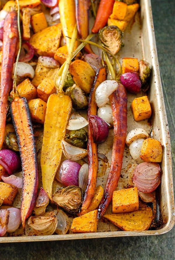 fall vegetables roasted with sumad: carrots, onions, beets