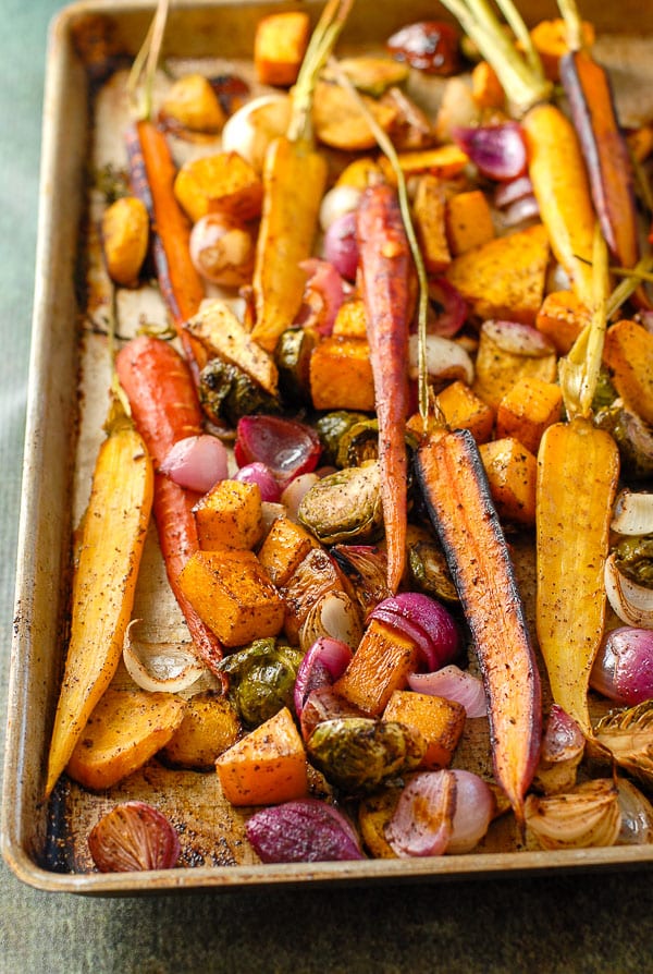 sheet pan of balsamic roasted fall vegetables hot out of the oven