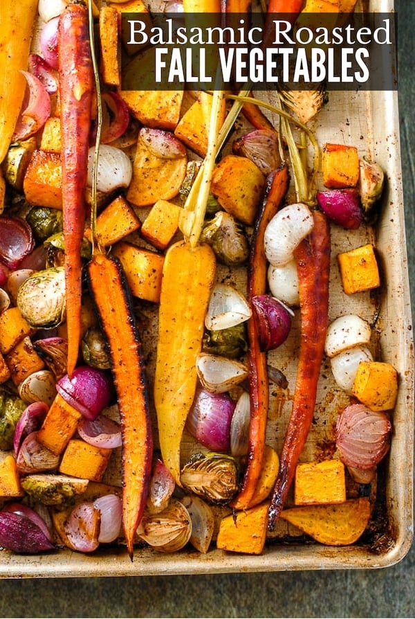 Balsamic Roasted Fall Vegetables with Sumac on a baking sheet titled image