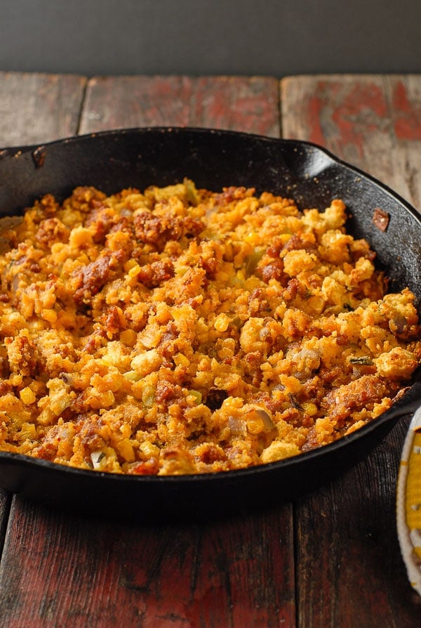 Spicy Chorizo Sage Cornbread Dressing in a skillet