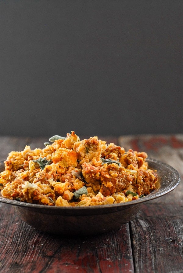 bowl of spicy chorizo sage cornbread dressing