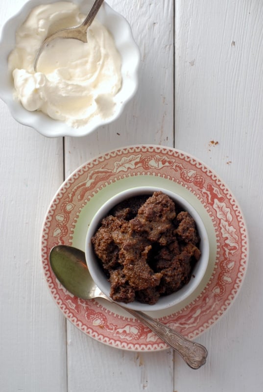 Boozy Gingerbread Eggnog Bread Pudding  in vintage bowl