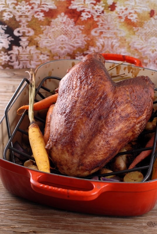 Brined Lemon-Ginger Roasted Turkey Breast with Pear Port Glaze on roasting rack