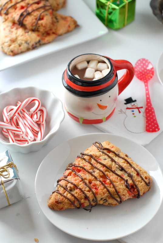 Candy Cane Chocolate Chip Scones with candy canes