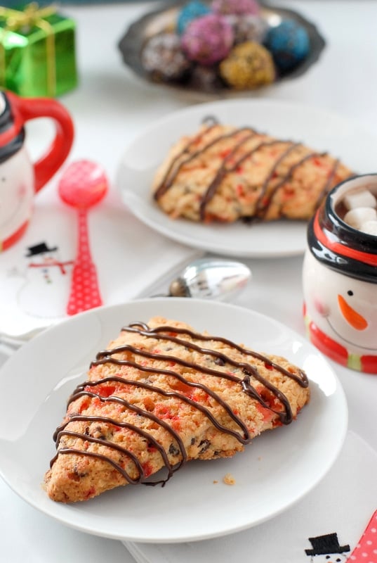Candy Cane Chocolate Chip Scones close up with santa mugs