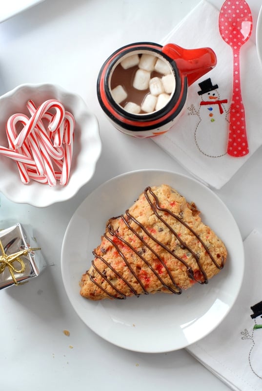 Candy Cane Chocolate Chip Scones overhead