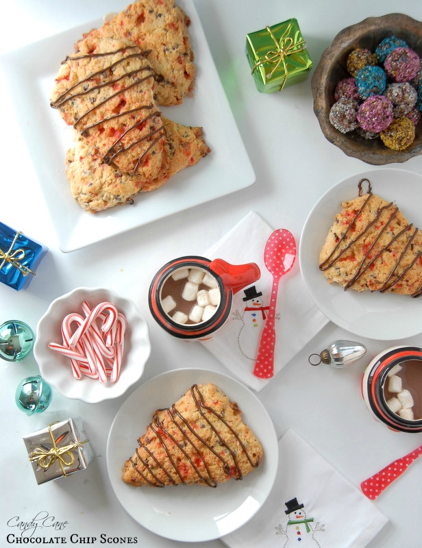 Candy Cane Chocolate Chip Scones with hot chocolate and candy canes