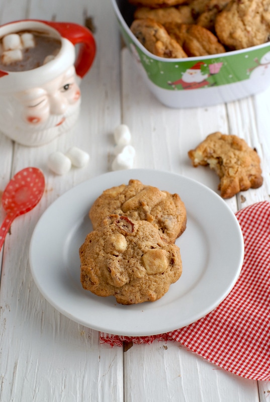 Cranberry White Chocolate Pecan Cookies on a white plate