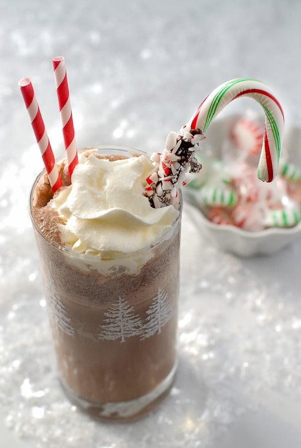 Chocolate drink with Double Mint Chocolate Dipped Candy Canes. 