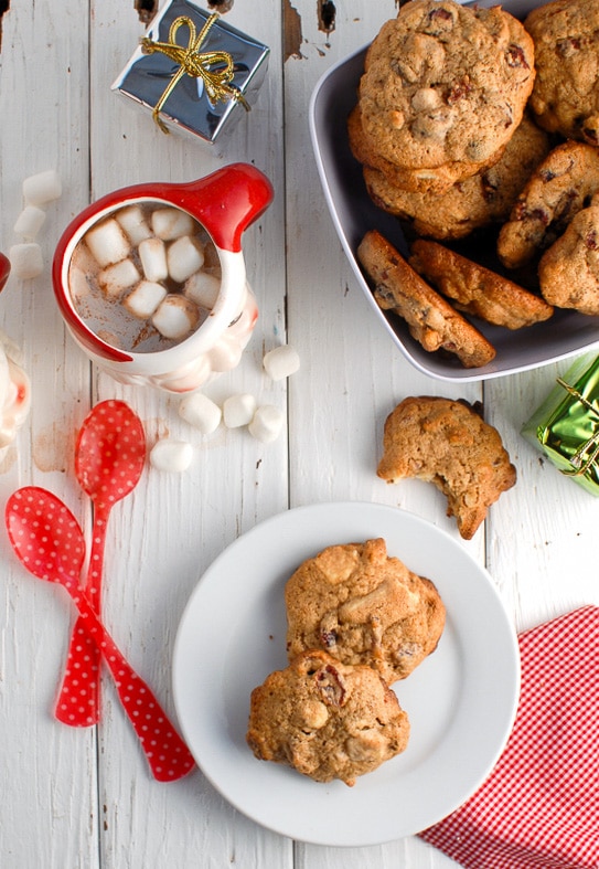 Cranberry White Chocolate Pecan Cookies on plate and in bowl 