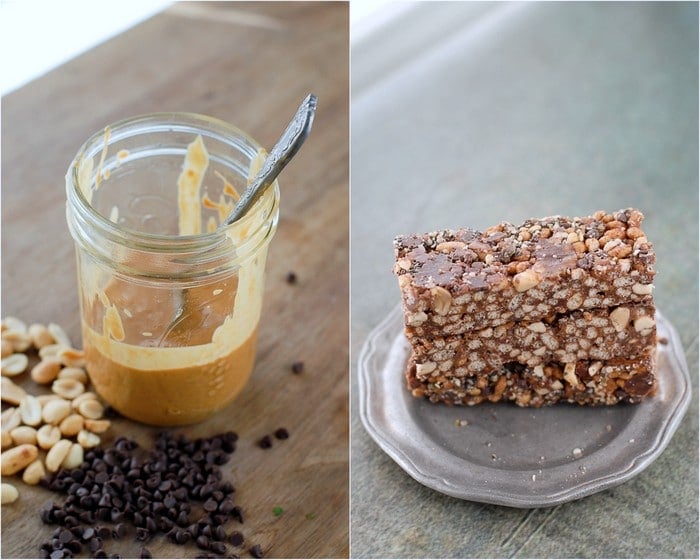 Chocolate Peanut Butter Snack Bars and peanut butter in a jar