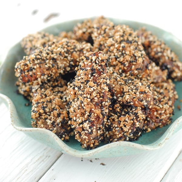 Baked Sesame Wings on blue plate