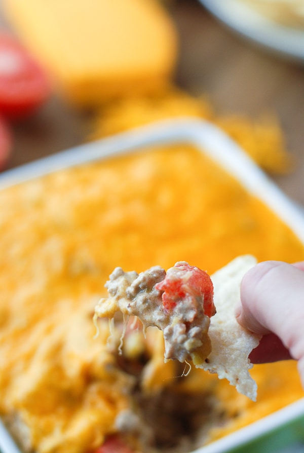 Green Chile Bacon Cheesburger dip on chip