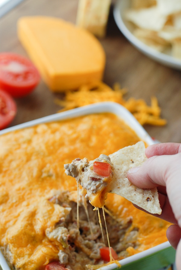 Green Chile Bacon Cheesburger Dip dipped chip