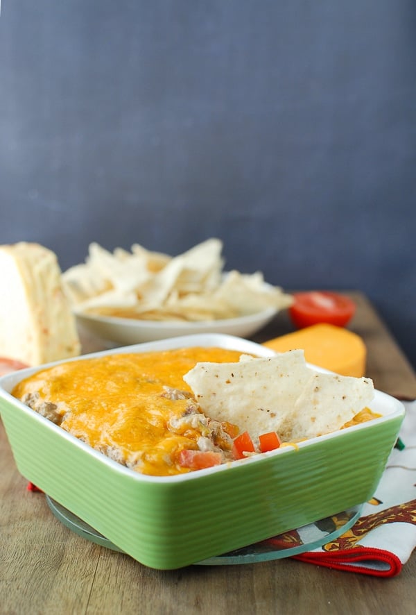 Green Chile Bacon Cheesburger Dip with chips