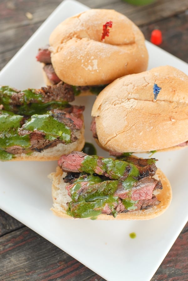 Grilled Skirt Steak Sliders with Salsa Verde Aoili on white plate