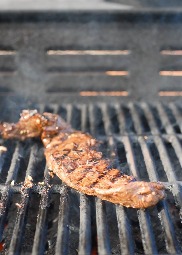 Grilling Skirt Steak on grill 