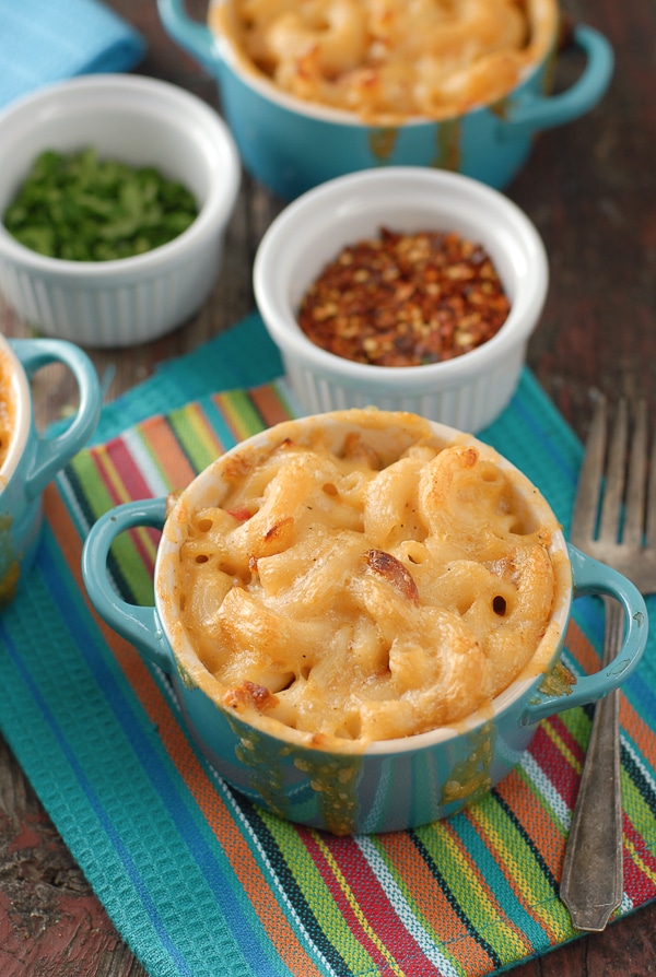 Creamy Mini Mexican Macaroni and Cheese with blue container