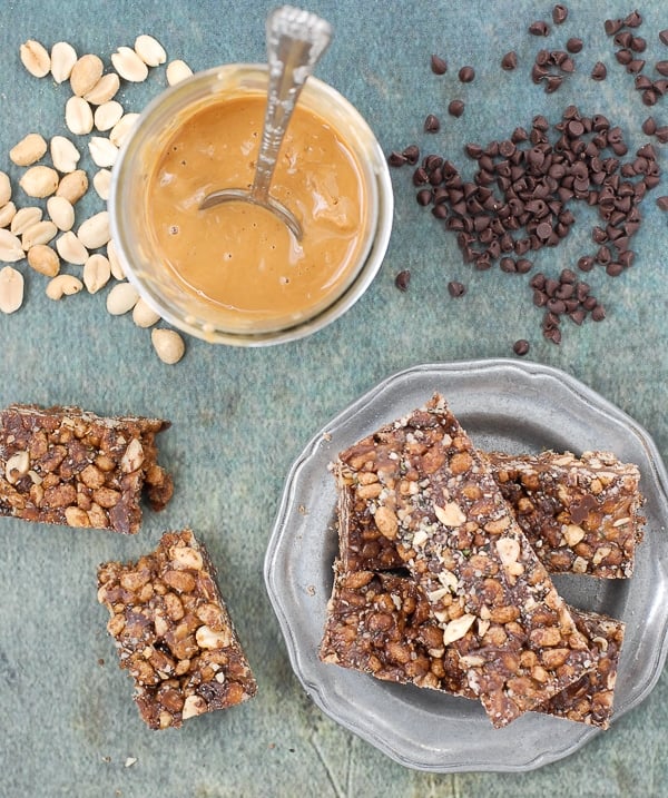 Chocolate Peanut Butter Snack Bars and peanut butter in jar
