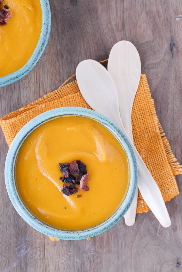 Roasted Sweet Potato Chipotle Soup with Bacon in green bowl